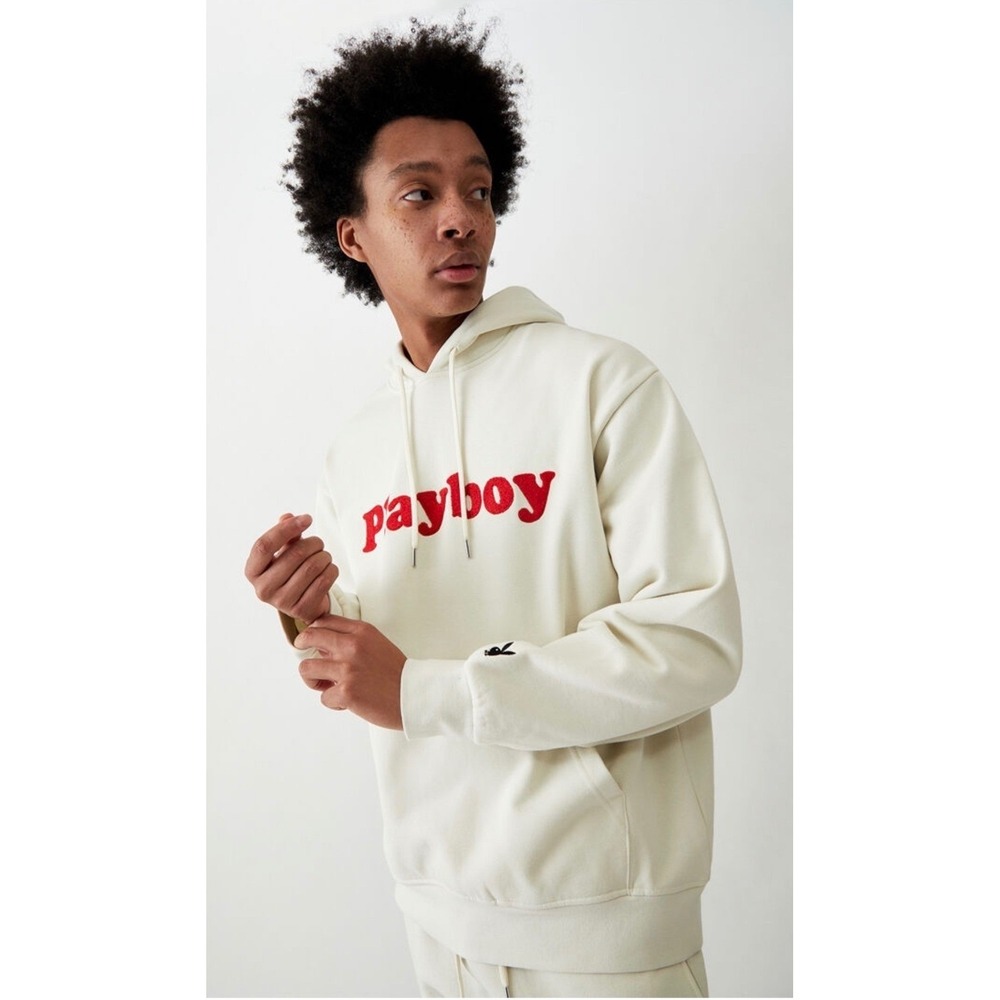Playboy by PacSun Mens Cream Hoodie Red Logo Fleece Sweatshirt Medium